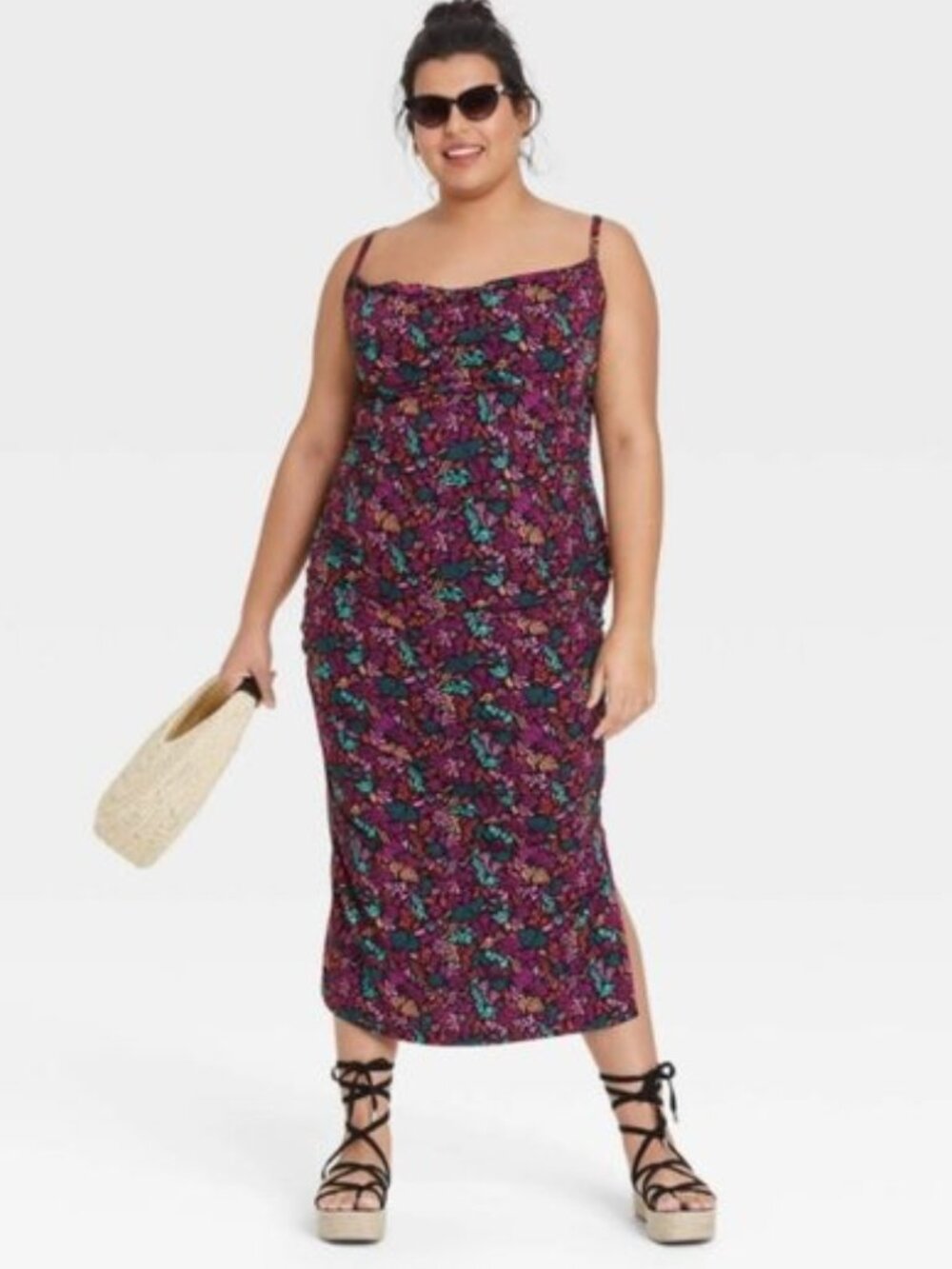 Ava & Viv Floral Stretch Mesh-Lined Ruched Midi Dress Size 1X